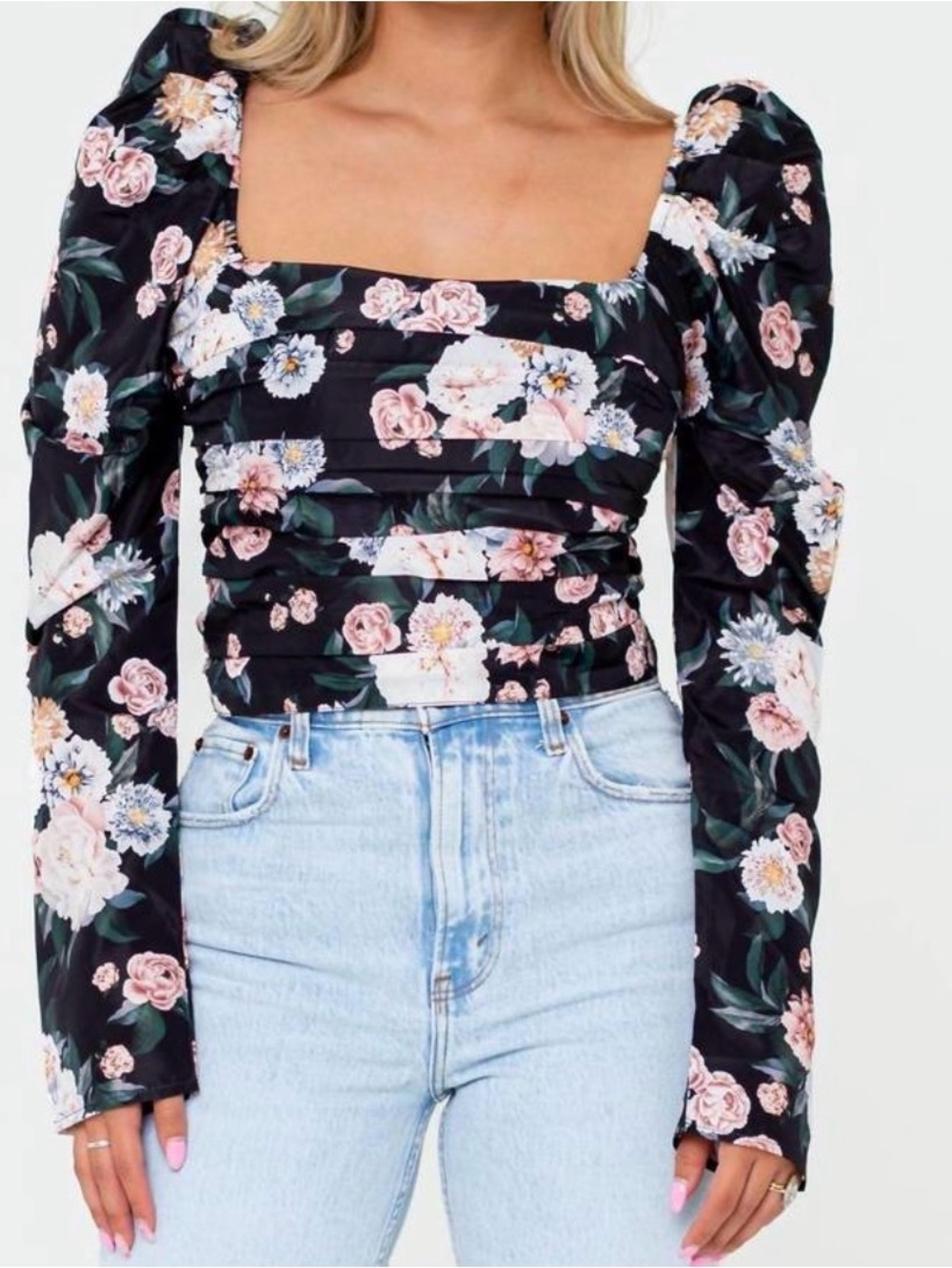 NWT! #970 BUDDY LOVE Black Floral Square-Neck Puff Sleeve Crop Top FABULOUS!